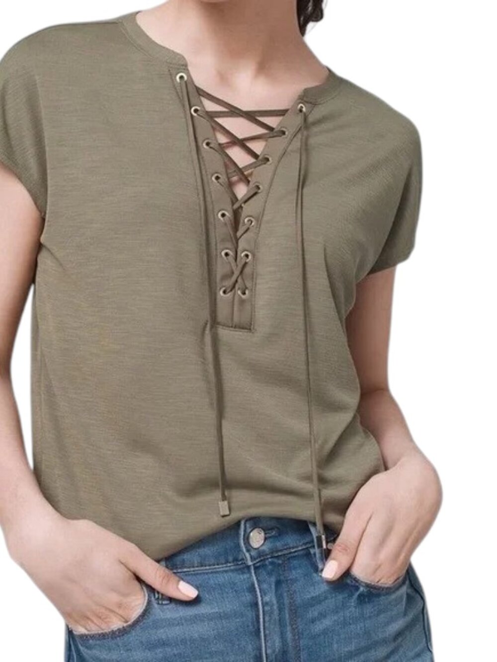 WHBM Women's Top Cap Sleeve Lace Up Tee Sand Washed Olive Green Size L